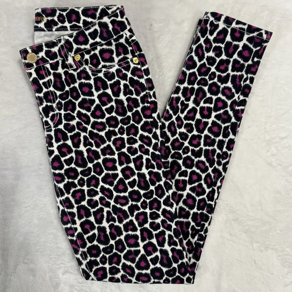 Michael Kors Leopard Print Skinny‎ Jeans Size 0 Pink & Black White Gold Mob Wife
